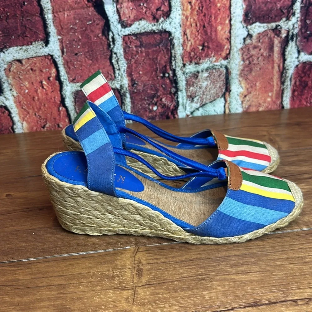 Ralph Lauren Cala Espadrille Sandals Wedge Blue Multi Striped size 8 S